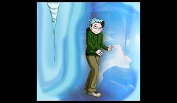 1boy artist_request black_eyes black_hair cave clothes eeveelution gender_transformation glaceon glasses hoodie human ice male male_only nintendo pants pokemon pokemon_(species) shoes transformation water wet