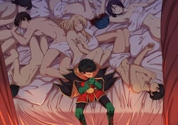 batcest batman_(series) bedroom bisexual blonde_hair bluebird_(dc) cassandra_cain chain247 cosplay damian_wayne dc dc_comics dcau dick_grayson harper_row jason_todd jon-el jonathan_kent male multiple_boys multiple_females multiple_girls multiple_males neko_kuriya nightwing orgy red_hood_(dc) red_robin robin_(damian_wayne) robin_(dc) sleeping spoiler_(dc) stephanie_brown superboy superboy_(jonathan_kent) supersons tim_drake