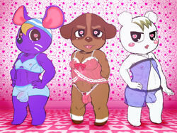 <3_eyes 2014 3boys 4_fingers animal_crossing anthro babydoll balls bandana barefoot belly biped black_eyes black_nose blonde_hair blue_clothing blush blush_sticker bra brown_body brown_eyes brown_nose bulge butch_(animal_crossing) camisole canid canine canis clothed clothing crossdressing featureless_feet femboy flaccid front_view fur furry furry_only girly gotobeido group hair hand_on_hip hands_behind_back hands_on_hips head_tuft heart humanoid_hands ineffective_clothing inside japanese kemono lingerie long_foreskin looking_at_viewer male male_only mammal markings marshal_(animal_crossing) mouse muscular muscular_male nintendo nipple_bulge nipples open_mouth open_smile overweight overweight_male panties pecs penis penis_outline pink_tongue purple_body purple_clothing red_clothing rod_(animal_crossing) rodent sheer_clothing shortstack smile socks_(marking) squirrel standing tongue tongue_out translucent transparent_clothing trio two_tone_body uncut underwear video_games whiskers white_body