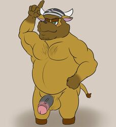 1boy 2017 4_fingers animal_crossing anthro armor balls barazoku beard belly biceps biped bison black_penis body_hair bovid bovine brown_balls brown_body brown_hooves buffalo bull chest_hair eyebrows facial_hair fist freckles front_view full-length_portrait glans gloves_(marking) green_eyes grey_background hairy half-erect hand_on_hip helmet hooves humanoid_hands humanoid_penis male male_only mammal manly markings mostly_nude musclegut muscular muscular_male naked_hat nintendo overweight overweight_male pecs penis pointing portrait shadow simple_background smile snout solo standing thevillager thick_eyebrows uncut vic_(animal_crossing) video_games viking_helmet