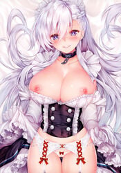 absurdres azur_lane bangs belfast_(azur_lane) blush breasts buttons cameltoe chains collar dress elbow_gloves eyebrows_visible_through_hair female frilled_dress frills garter_belt garter_straps gloves highres large_breasts long_hair looking_at_viewer maid_headdress nipples obiwan panties parted_lips purple_eyes ribbon scan side-tie_panties silver_hair smile solo underwear white_gloves