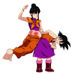 1boy 1girls adrienoir ass barefoot black_hair boots butt_crack canon_couple chichi couple domination dragon_ball dragon_ball_z female femdom husband_and_wife male malesub married over_the_knee over_the_knee_spanking pants_down punishment punishment_spanking red_ass restrained son_goku spank spanked spanking straight tears