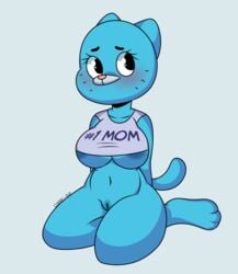 1girls blue_fur blush bottomless breasts coffee-pup female looking_away milf mother navel nicole_watterson partially_visible_nipples pussy solo the_amazing_world_of_gumball underboob