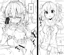 bare_arms bare_shoulders blush bow comic copyright_request cum cum_on_hair facial female greyscale hairbow hand_holding hand_on_hip looking_at_viewer mokufuu monochrome open_mouth pointing pointing_at_viewer sailor_collar school_uniform serafuku solo_focus speech_bubble straight twintails