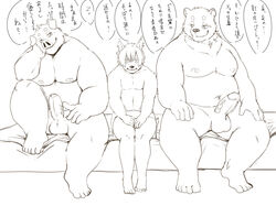 2019 anthro balls belly blush domestic_pig donguri erection group humanoid_hands humanoid_penis japanese_text male male/male mammal moobs navel nipples overweight overweight_male penis sitting suid suina sus_(pig) text towel ursid