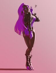 artist_name artist_signature ass back_view big_ass breasts brown_skin dark-skinned_female dark_skin evil_grin gloves grin heels high_heel_boots high_heels iconoclasts jacket konjak legs leotard long_hair mendeleev_(character) narrowed_eyes purple_gloves purple_hair red_eyes standing thighs tumblr