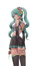 1futa arms_behind arms_behind_back armwear black_skirt blue_eyes blue_hair blue_skirt bottomless_skirt breasts cum_dripping curly_hair curvy erection_under_clothes erection_under_skirt futa_only futanari futanari_exposed half-erect hatsune_miku intersex large_penis long_hair long_penis looking_at_viewer looking_back medium_breasts nail_polish penis penis_out penis_under_clothes penis_under_skirt precum precum_drip sci-fi short_skirt sideboob skirt thighhighs thin_waist twintails unknown_artist vocaloid