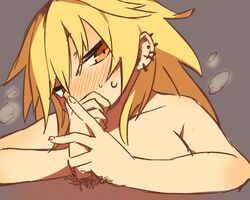 1boy blonde_hair blush earrings fellatio female long_hair ootorii_bisetsu oral original penis pov