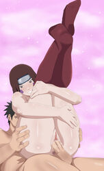 black_hair bright_colors brown_hair canon_couple face_markings face_paint foreshortening ghost half-dressed happy happy_sex headband heaven highlights leg_grab leg_lift legs_grab legs_together legs_up naruto naruto_shippuden no_bra no_panties nohara_rin nude penis pleasure_face pleasured pussy pussy_juice red_eyes red_socks scar sex sharingan shiny_skin short_hair simple_background smile smirk socks soul spiky_hair spy_eater stockings straight tattoo thigh_socks thighhighs uchiha_obito uncensored vaginal_penetration