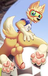 2018 4_toes anthro anus ass bottomless canine claws clothed clothing digital_media_(artwork) don_ko eyewear fifa goggles humanoid_penis looking_at_viewer male male_only mammal mascot pawpads penis solo toe_claws toes tongue tongue_out vein wolf zabivaka