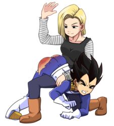 1boy 1girls adrienoir android_18 ass black_hair blonde_hair boots butt_crack domination dragon_ball dragon_ball_z exposed_ass female femdom handprint male malesub over_the_knee over_the_knee_spanking punishment punishment_spanking red_ass smile spanked spanking straight tears top-down_bottom-up torn_clothes torn_pants vegeta