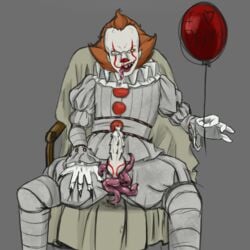 5_fingers balloon clothing clown crotch_tentacles drooling erection gay grey_background hair holding_object humanoid it knot looking_at_viewer male male_only monstrous_humanoid nightmare_fuel open_mouth orange_hair penis penis_through_fly pennywise poking_out saliva simple_background sitting solo spiked_penis taylakrueger tentacle tongue tongue_out unusual_penis yaoi yellow_eyes