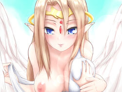 1boy1girl 1girls angel_wings blonde_hair blue_eyes breast_grab breast_squeeze breasts feathered_wings female goddess ilias large_breasts mon-musu_quest! monster_girl_quest nipples pointy_ears smile tiara wings