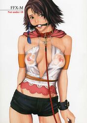 1girls 2003 amano_ameno ball_gag collar female final_fantasy final_fantasy_x final_fantasy_x-2 fully_clothed gag gagged leash leash_and_collar looking_at_viewer short_shorts yuna