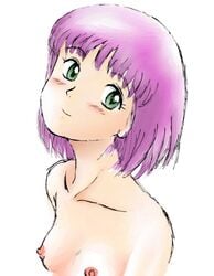 1girls blush breasts female female_only green_eyes headshot_portrait kokone_takatsu light-skinned_female light_skin looking_at_viewer nude purple_hair short_hair small_breasts solo upper_body yokohama_kaidashi_kikou