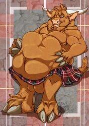 2019 2_toes 4_fingers anthro balls belly biceps booshie bovid bovine brown_fur cattle clothed clothing fingers fur hand_on_stomach hi_res hooves horn kilt looking_down male mammal mostly_nude signature slightly_chubby soft_vore solo standing stomach_bulge text toes unseen_character vore watermark