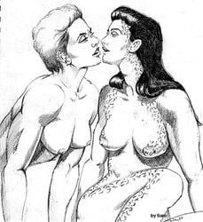 1990s 1997 20th_century 2girls alien bajoran_(species) couple duo english_text female female_only greyscale humanoid jadzia_dax kira_nerys looking_at_another markings monochrome nose_ridges nude sketch star_trek star_trek_deep_space_nine text trill_(species) yuri