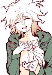 1boy closed_eyes color cum cum_drip cum_on_body cum_on_face cum_on_upper_body cupping_hands danganronpa danganronpa_2:_goodbye_despair hoodie implied_yaoi jacket male male_focus male_only mozi nagito_komaeda open_jacket open_mouth open_smile raised_shirt smile solo solo_focus straight_hair white_background white_hair