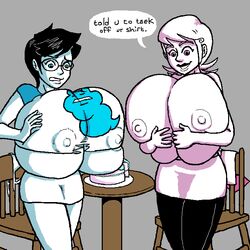 2girls black_hair black_lipstick blue_eyes bra breast_expansion breasts bursting_breasts cake clothing dialogue gigantic_breasts glasses grey_background homestuck jane_crocker mindwipe ms_paint_adventures nipples pink_eyes planetofjunk ripped_clothing roxy_lalonde short_hair speech_bubble text tight_clothing white_hair white_skin