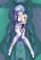 1girls blue_hair bodysuit breasts clothing cockpit erect_nipples erect_nipples_under_clothes female gainax human looking_at_viewer medium_breasts neon_genesis_evangelion nipples pale-skinned_female pale_skin pilot_suit plugsuit red_eyes rei_ayanami short_hair tagme torn_clothes yuji