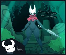 1girls arthropod bottomless breasts clothed clothing dialogue female female_only funny hollow_knight hornet hornet_(hollow_knight) humanoid mostly_nude pussy solo text thick_thighs welwraith wide_hips