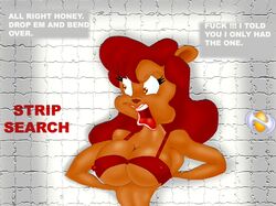 anthro bear breasts busty cleavage erect_nipples female julie_bruin lipstick nipples open_mouth strip_search stripping tagme tiny_toon_adventures vlade voluptuous