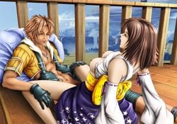 1boy 1girls arched_back clothed_sex cowgirl_position female final_fantasy final_fantasy_x male moaning open_mouth skirt_lift tagme tidus yuna