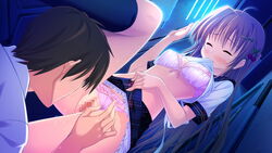 blush bra breasts brown_hair censored closed_eyes female game_cg hair_ornament kneehighs long_hair magical_marriage_lunatics!! moonstone ornament panties pink_bra pink_panties pussy pussy_juice shirt_lift skirt skirt_lift underwear yamakaze_ran yuuna_shirahase