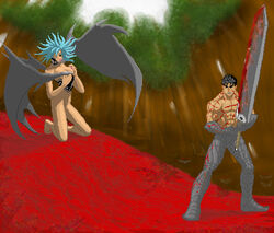 1boy 1girls berserk blood breasts demon_girl female forest green_hair guts_(berserk) humanoid large_breasts long_hair male slan sword villainess wings