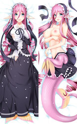 bikini_skirt blue_eyes breasts dakimakura drill_hair female gills gothic head_fins long_hair lying maid_headdress mermaid meroune_lorelei monster_girl monster_musume_no_iru_nichijou navel nipples on_back on_side open_mouth pink_hair scales solo topless very_long_hair webbed_hands