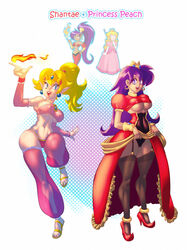 2girls areola blonde_hair blue_eyes bra breasts cleavage cosplay crossover crown dress dress_lift earrings erect_nipples female female_only fully_clothed fusion garter_straps high_heels hoop_earrings hourglass_figure hypothetical_fusion long_hair looking_at_viewer mario_(series) medium_breasts multiple_girls nintendo nipples panties pointy_ears ponytail princess_peach purple_hair revealing_clothes see-through shantae shantae_(character) simple_background sleeves smooth_fur standing supersatanson thighhighs tied_hair underboob voluptuous wayforward