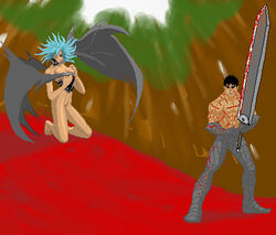 1boy 1girls berserk blood demon_girl female guts_(berserk) male nude slan sword wings