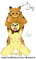 2008 2girls anthro anthrofied big_breasts breasts canine cleavage collar duo english_text feline female female_only furry garfield_(series) garfield_the_cat kneeling lapinstein nude odie open_mouth paws,_inc. rule_63 spread_legs spreading text tongue tongue_out white_background