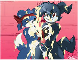 1boy 1girls animal_genitalia animal_penis anthro black_veemon color digimon erection female fur furry gaomon genderswap interspecies male penis straight toony veemon