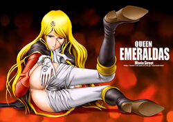 1girls 70s ass blonde_hair boots breasts cameltoe curvaceous emeraldas female galaxy_express_999 gloves green_eyes large_breasts leijiverse light-skinned_female light_skin long_hair looking_at_viewer pants pants_down presenting_hindquarters queen_emeraldas scar solo space_pirate_captain_harlock