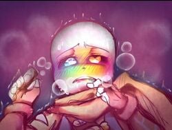 1boy 2018 2d blue_eyes blushing_profusely brown_scarf drooling fingerless_gloves heart-shaped_pupils humanoid ink_sans ink_sans_(fan_character) inktale male male_only orange_eyes pov rainbow rainbow_blush sans sans_au scarf skeleton steamy_breath sweating thegreatrouge twitching undertale_(series) undertale_au undertale_fanfiction