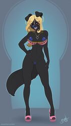 2017 anthro big_breasts black_fur blonde_hair blue_nipples blue_nose blue_pussy bonk bottomless breasts brown_eyes canine clothing colored_nails female female_focus female_only footwear fur furry furry_only hair hi_res high_heels jewelry looking_at_viewer mammal mostly_nude naked naked_footwear naked_heels necklace nipples nude open_toe_shoes platform_footwear platform_heels pussy sherri_mayim shoes simple_background solo_female solo_focus tail topwear