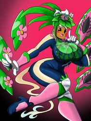 1girls big_breasts blaster_master blaster_master_zero blaster_master_zero_2 blush color female glasses glasses_on_head green_hair green_skin kanna_(blaster_master) mob_face open_mouth pink_background plant_girl plantie pointing_up pose posing solo thick_thighs ultimatez uztweetys watermelon_bra watermelon_nets wink zipper