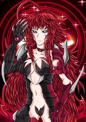 blue_eyes breasts claws commentary crossover dark_sclera female high_school_dxd highres large_breasts ratedshadowharuhi red_hair rias_gremory smile solo_focus witchblade