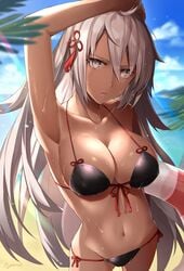 arm_up armpits beach bra breasts cleavage dark_skin fate/grand_order fate_(series) koha-ace kousaki_rui looking_at_viewer okita_souji_(alter)_(fate) swimsuit underwear