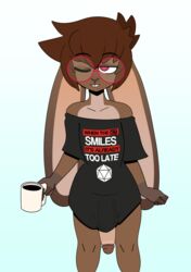 anthro beverage bottomless clothed clothing coffee eyewear girly glasses humanoid_penis lagomorph loose_shirt male mammal one_eye_closed partial_nudity penis rabbit red_eyes shirt simple_background solo somescrub