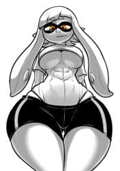 1girls abs anthro ass belly big_ass big_breasts bike_shorts black_and_white bottom_heavy breasts cephalopod cephalopod_humanoid cleavage curvy domino_mask eigaka female female_only fit_female highleg_panties hourglass_figure humanoid inkling inkling_girl kaori_(splatoon) long_hair looking_at_viewer looking_down low-angle_view mask_(marking) monochrome muscular muscular_female navel near_monochrome nervous nintendo orange_eyes partially_colored pointy_ears shirt short_sleeves shorts shy sidelocks simple_background six_pack solo splatoon squid standing tentacle tentacle_hair tentacles thick_thighs thigh_gap underboob voluptuous wasp_waist wavy_mouth whale_tail white_background wide_hips