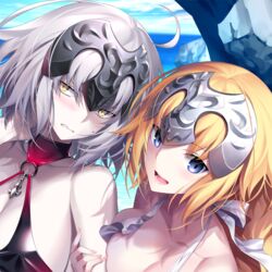 2girls blonde_hair blue_eyes bra fate/apocrypha fate/grand_order fate_(series) female_only jeanne_alter jeanne_d'arc_(fate) kousaki_rui looking_at_viewer pale_skin pointy_chin swimsuit tagme underwear white_hair yellow_eyes