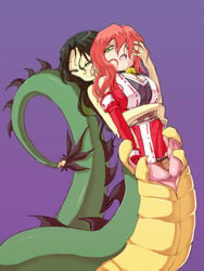 2girls :p akane_(card_quest) bell_collar black_hair camel_(dansen) card_quest cleavage detached_sleeves female lamia monster_girl multiple_girls naga open_mouth red_hair unbirthing vore