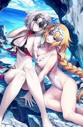 2girls blonde_hair blue_eyes bra fate/apocrypha fate/grand_order fate_(series) female_only jeanne_alter jeanne_d'arc_(fate) kousaki_rui looking_at_viewer pale_skin pointy_chin swimsuit tagme underwear white_hair yellow_eyes