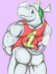 2017 animal_crossing anthro anthrofied anus ass backsack balls biped black_eyes bottomless clothed clothing colored_sketch grey_balls grey_skin grey_tail guide_lines half-length_portrait hopelesshighschool horn leaf looking_back male male_only mammal mixed_media muscular muscular_male muscular_thighs nintendo pencil_(artwork) pink_anus portrait purple_background rear_view red_clothing rhinoceros shirt simple_background sketch smile snout solo standing sweat tail_tuft tank_(animal_crossing) tank_top traditional_media_(artwork) tuft two_tone_tail video_games white_horn white_tail