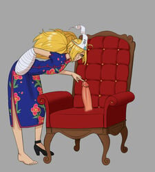 binbougami_ga! blonde_hair cast chair china_dress chinese_clothes curious ebelisk flat_chest hand_on_hip messy_hair mimic momiji_(binbougami_ga!) one_shoe penis small_breasts twintails