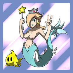 blue_tail breasts female female_focus jpeg kiroxiii luma mario_(series) mermaid nintendo princess_rosalina signature super_mario_galaxy