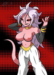 1girls 2010s android_21 areolae big_breasts black_sclera breasts curvy dark_persona dragon_ball dragon_ball_fighterz female humanoid kiroxiii large_breasts long_hair looking_at_viewer majin majin_android_21 monster_girl nipples pink_skin pointy_ears red_eyes solo tail white_hair