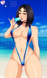 1girls beach bikini black_eyes black_hair breasts cleavage female female_only food freckles frost_(rainbow_six) law-zilla patreon popsicle rainbow_six rainbow_six_siege sling_bikini solo standing text tom_clancy url watermark